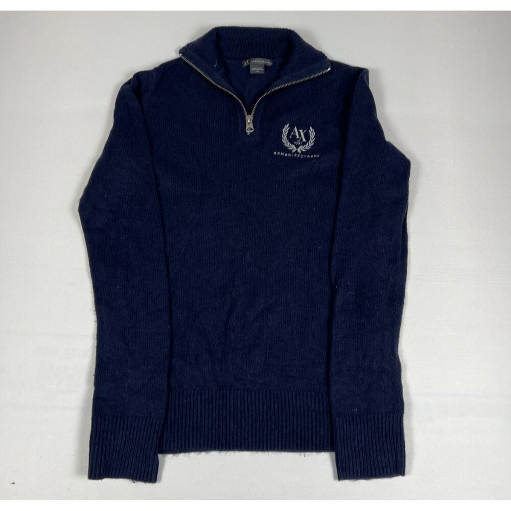 Armani Exchange Men's S Navy Blue Quarter Zip Knit Pullover Sweater Logo Crest